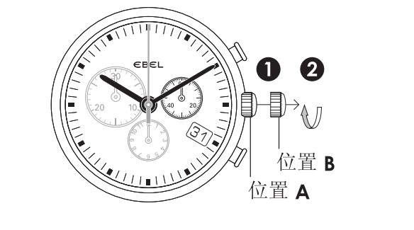Ebel玉宝石英计时码表(503机芯)时间、日期设定方法