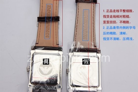 正品阿玛尼手表的表带走线工整，logo压痕清晰深浅一致。假货则粗糙不均匀。