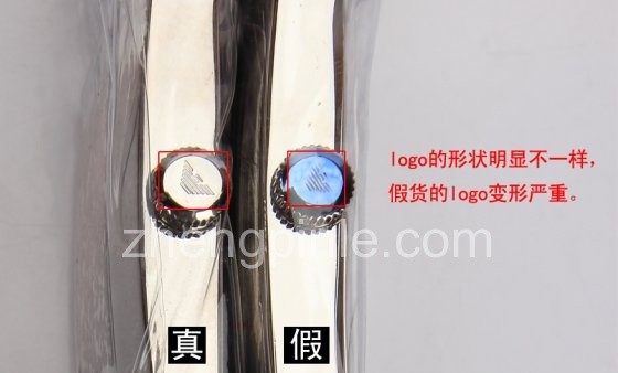 假货阿玛尼手表的鹰标LOGO变形严重，线条不均匀。